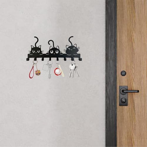 YXE Metal Key Holder Wall Mount with 8 Hooks - Cat Theme Organizer