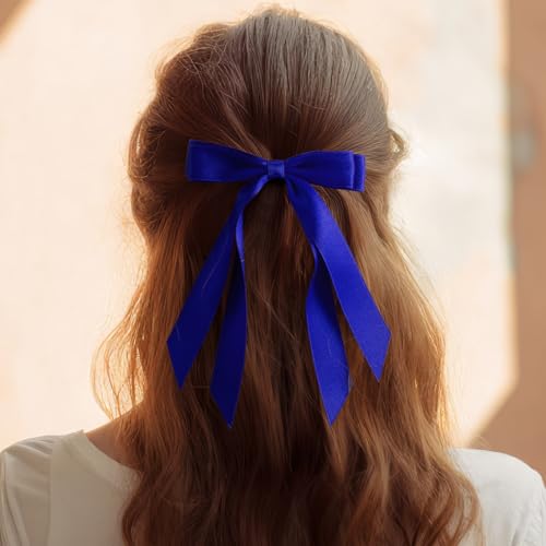 Blue Satin Hair Bows with Long Tails – Elegant Hair Accessories for Weddings & Daily Wear