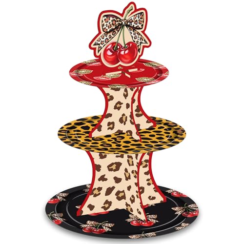 3-Tier Cheetah Print Cherry Cupcake Stand for Parties