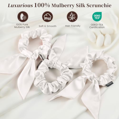 THXSILK White 25 Momme Pure Mulberry Silk Hair Scrunchies with Bow for Women & Girls