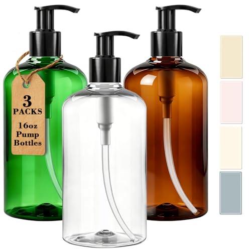 DPLASKA 3-Pack 16oz Clear Pump Bottles with Locking Pump, 3 Colors