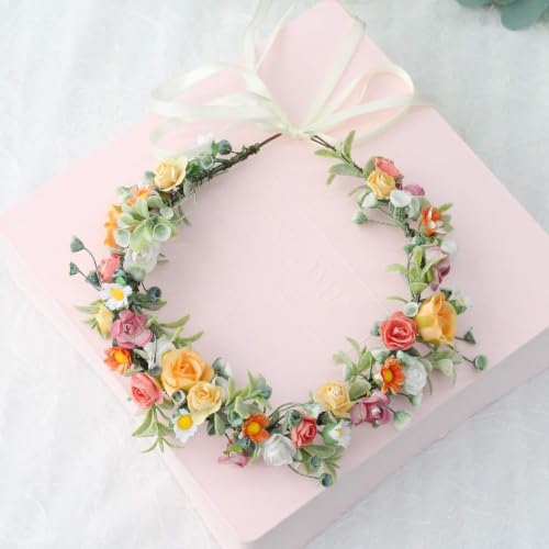 Boho Floral Wreath Headband - White Pink Orange Leaf Bridal Hair Crown