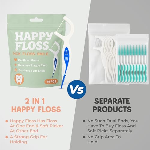 Happy Floss 2-in-1 Dental Floss Picks, Unflavored for Sensitive Gums, 150 Ct