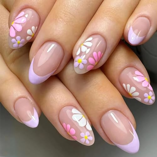 24 Pcs Almond Press On Nails with Colorful Daisy Flowers - French Tip Acrylics