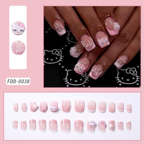 24 Pcs Nude Pink French Tip Press-On Nails Kit with 3D Pearl Design