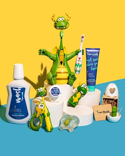 SuperMouth Baby & Infant Finger Toothbrush Green with Bristles - Silicone, Safe for 0-2 Years, Includes Egg Storage Base & Built-In Flashlight