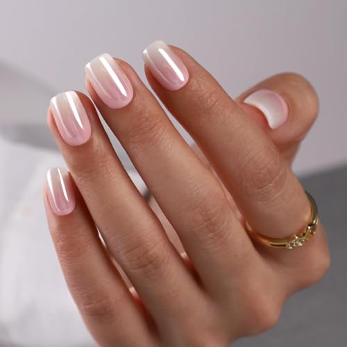 UNA GELLA Baby Boomer Short Square Press On Nails 32Pcs 16 Sizes with Glue & Tabs – Reusable High Gloss