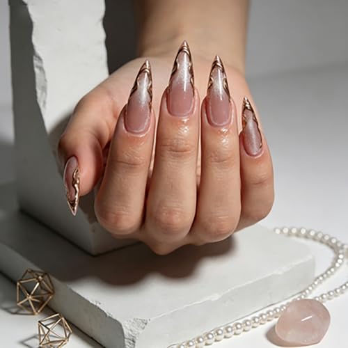 YQSWSTL Almond Cat Eye Press-On Nails Long Gold Edge Model QKS-BT-017-11