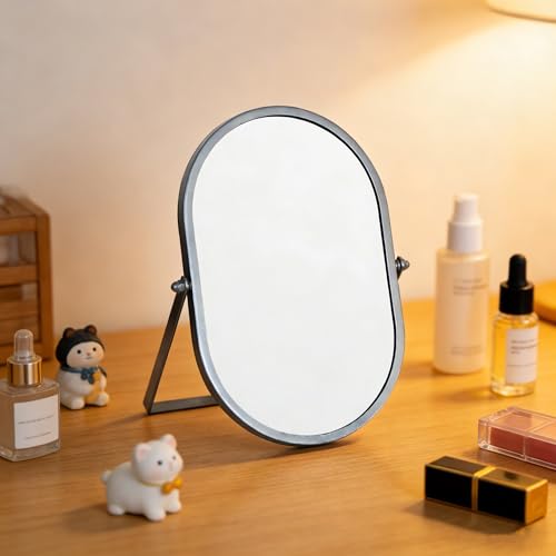 Oval Vanity Mirror with Stand - Metal Frame, Silver, 8.9x5.9 Inches