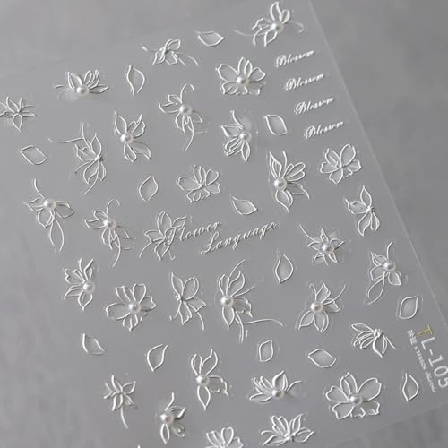 OHWODA Style2 White Flower Holographic 5D Embossed Nail Stickers with Pearls