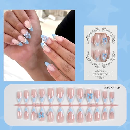 24Pcs Blue French Tip Press On Nails with 3D Bow Design