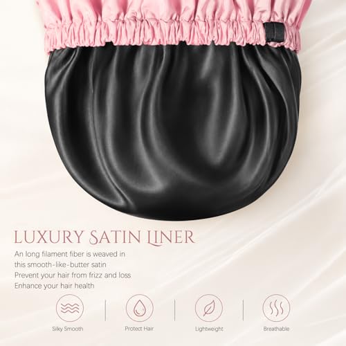Pink Satin Lined Waterproof Shower Cap for Women - Extra Large, Reusable, Anti-Frizz Hair Protector