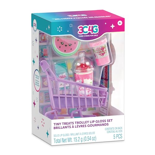 3C4G Tiny Treats Lip Gloss Set with Rolling Mini Cart - Scented Tween Makeup Kit