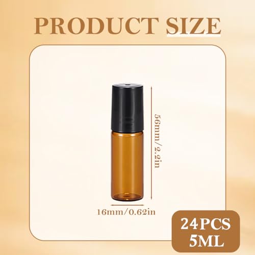 24PCS 5ml Amber Glass Roll-on Bottles with Stainless Steel Roller Balls