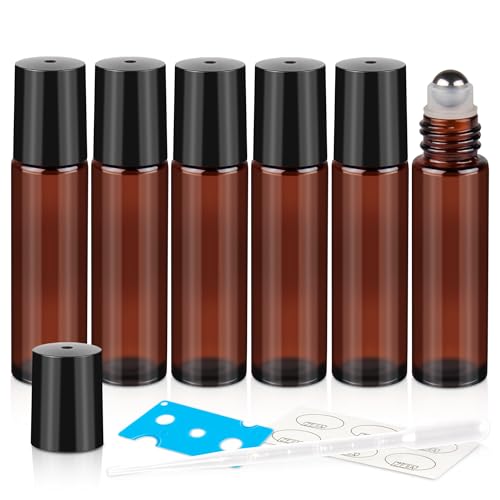 ZEJIA 10ml Glass Roller Bottles 6-Pack with Brown/Amber Glass and Stainless Ball
