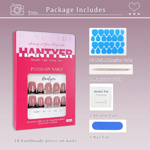 10pcs Hantyer Short Duckbill Glossy Black French Press On Nails Kit - M Size with Rhinestones & 3D Flower Designs