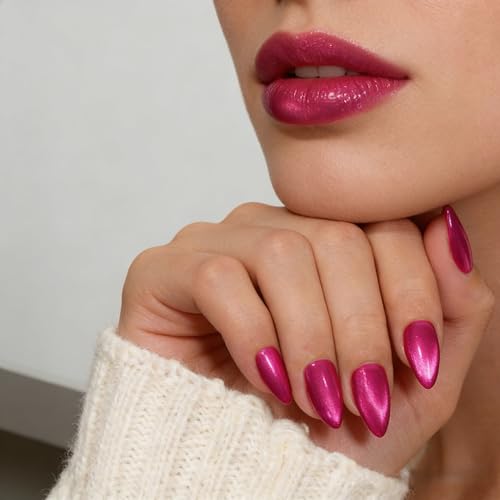 SXVME Hot Pink Cat Eye Press On Nails - 30 Pcs Medium Almond