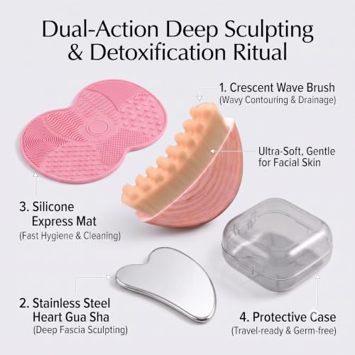Pink Contour Face Brush Set with Gua Sha & Cleaning Pad – Skincare & Facial Massage Kit