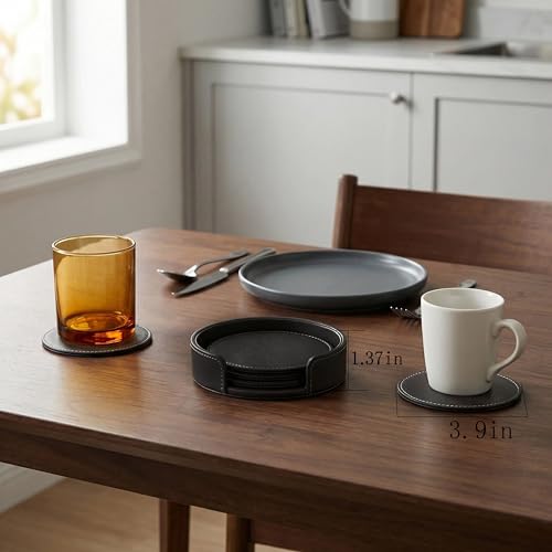 Set of 6 Modern Black PU Leather Coasters - Non-Slip & Waterproof