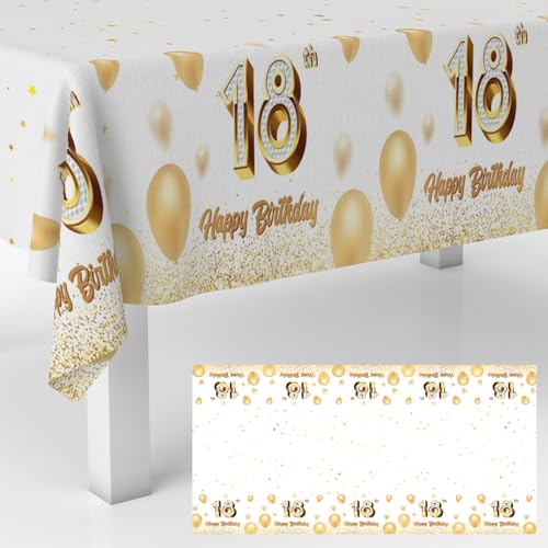 Happy 18th Birthday Tablecloth - White & Gold Glitter Design
