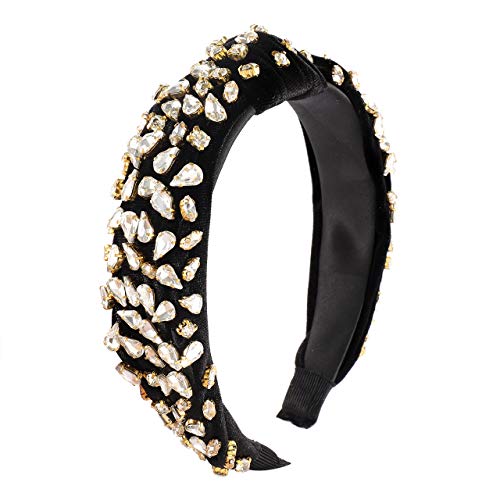 CENAPOG Black Rhinestone Knotted Velvet Headband for Women and Girls