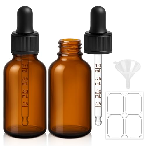 Amber Glass Dropper Bottles 1 oz - 2 Pack with Labels & Funnel