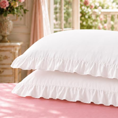 Bedsure White Ruffle Pillow Cases Set of 2 | 20" x 26" Microfiber Shams
