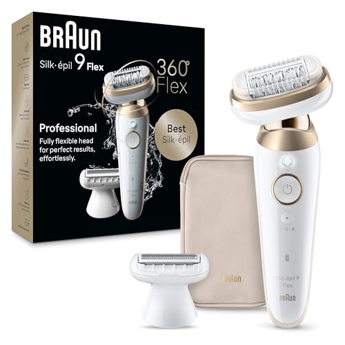 Braun Silk-?pil 9 Flex Epilator, 360 Flex and Pivoting Head, Wet and Dry, Includes Shaver Head, Trimmer Comb, SES9-041 3D, Tinted Gold
