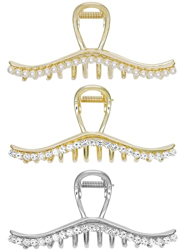 Textention Rhinestone Pearl Hair Claw Clips - Pattern D, 4.4 Inch, 3 Pack
