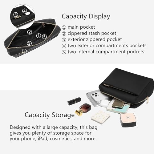 YONBEN Nylon Black Cosmetic Bag with Multiple Compartments - Travel Toiletry Organizer for Women