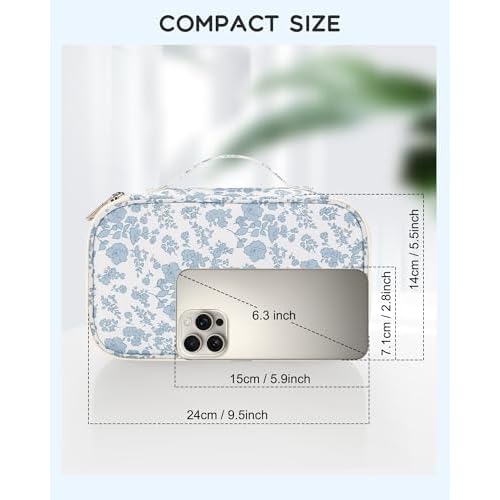 Relavel Travel Makeup Bag, Small Floral Cosmetic Bag with Makeup Brush Compartment, Portable Makeup Pouch for Women, Double Layer Makeup Organizer Bag Cute Toiletry Bag