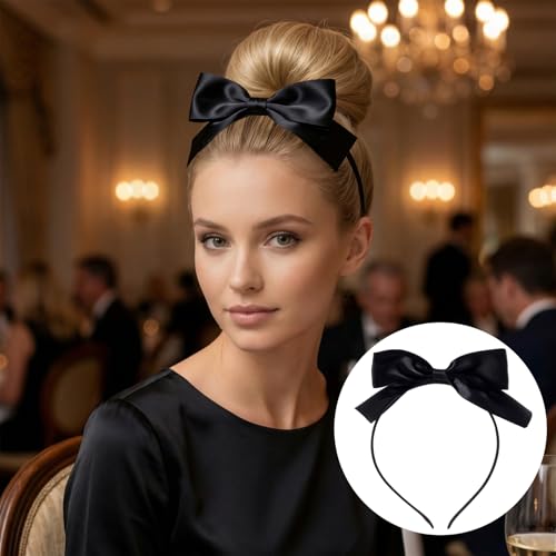 HINZIC Black Satin Bow Headband for Women - Non-Slip Design