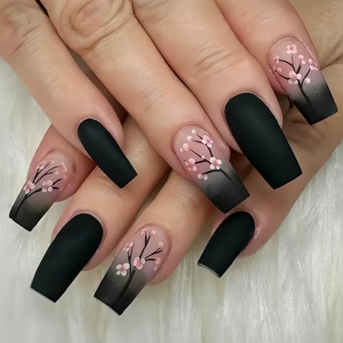 CEWEWP A1 Fall Pink Black Gradient Coffin Press-On Nails 24pcs - Medium, Glossy, Full Cover, Pink Flowers Design