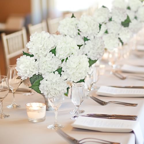6PCS White Artificial Hydrangea Flowers - Realistic Silk Faux Bouquets