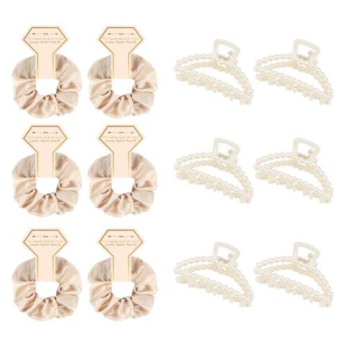 Bridesmaid Proposal Gift Set - Satin Hair Scrunchies & Pearl Claw Clips, 12 Pieces