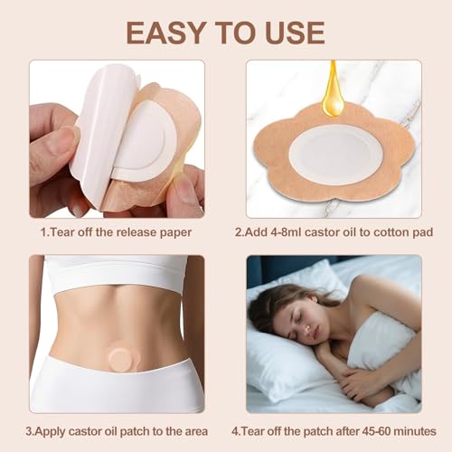 Autdor Castor Oil Patches for Belly Button, 50PCS Castor Oil Pack Wraps Organic Cotton Self-Adhesive Castors Oils Pack Anti Leakage Disposable Pads Portable & Breathable No Wash (Oil Not Included)