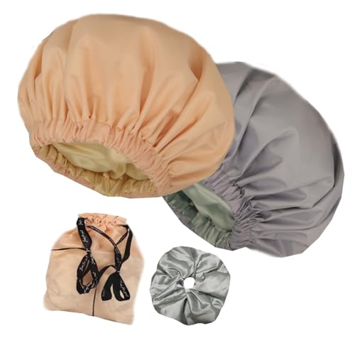 Genergy 2-Pack Satin Lined Shower Caps for Women - Light Grey & Apricot, Adjustable, Waterproof, Frizz-Free