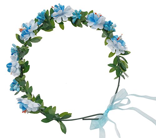 Flower Headband Crown for Wedding & Festival - Adjustable Ribbon, Blue