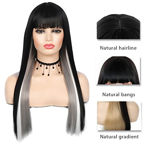Kaneles Long Straight Synthetic Wig with Bangs - Black Mix Grey