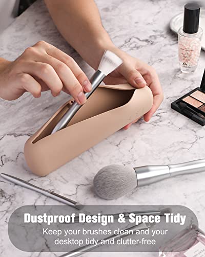 FERYES Large Travel Makeup Brush Holder Khaki - Magnetic Silicone Organizer for Face Brushes