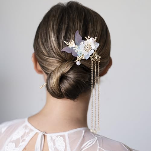 HINZIC 5pcs Blue Flower Tassel Hairpins for Weddings & Events