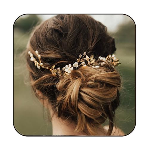 Gold Pearl Leaf Flower Bridal Hair Vine - Crystal Headband for Weddings