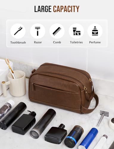Celvetch Brown PU Leather Toiletry Bag for Men Medium Travel Organizer