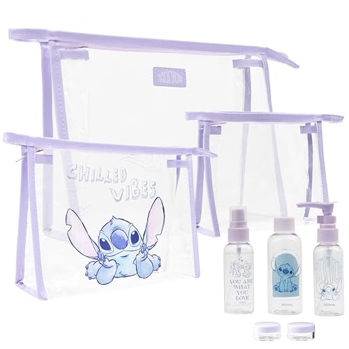 Disney Stitch Travel Toiletry Bag Set with Refillable Bottles (8 Pcs)