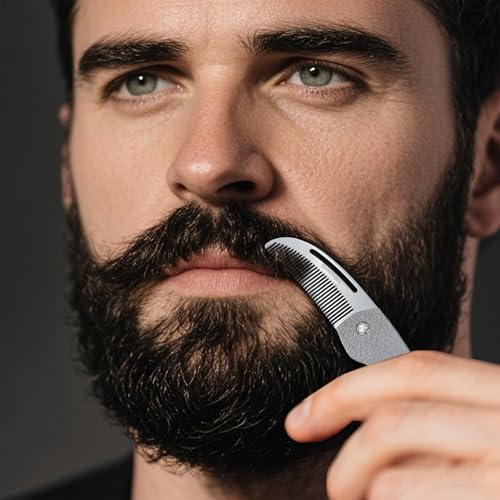 Dolmifapro Hammer Pattern Mini Folding Mustache & Beard Comb for Men, Portable Stainless Steel EDC Grooming Tool