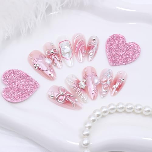 Pink Heart Bow Star-4 Medium Almond Press On Nails with Rhinestones & Pearls, Valentines Fake Nails Set