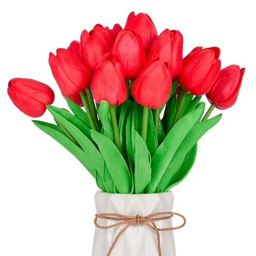 13" Red Artificial Tulips - Realistic Faux Flowers for Home Decor