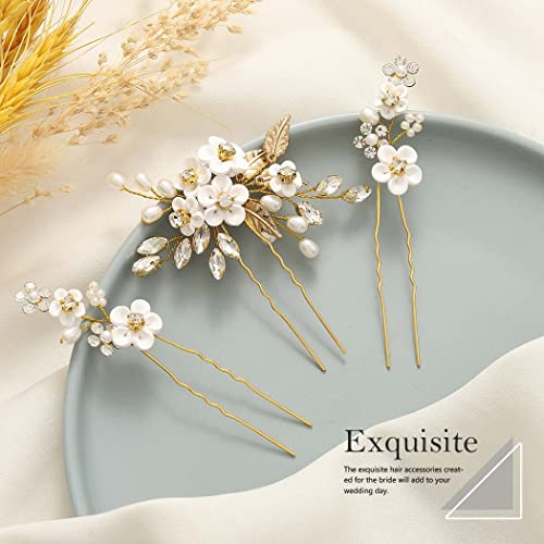 GORAIS Gold Bridal Pearl Flower Hair Pins B-Gold Set for Weddings & Brides
