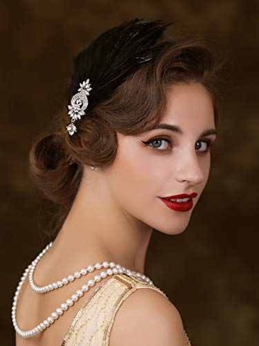 SWEETV 1920s Feather Flapper Headband & Hair Clip for Gatsby Party