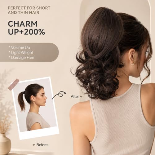 14 Inch Ponytail Extension - Wavy Pony Tails Hair Extensions, Claw Clip Ponytail Extension, Synthetic Hair Extensions Ponytail, Clip on Ponytails for Women (Light Brown With Beige Highlights)